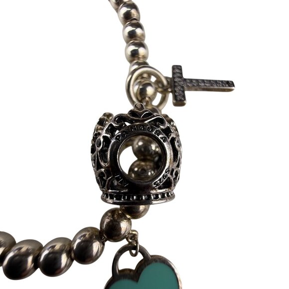 Tiffany & Co. AG925 Womens Silver-Tone Beaded Charm Bracelet With Heart & Cross - Picture 10 of 11